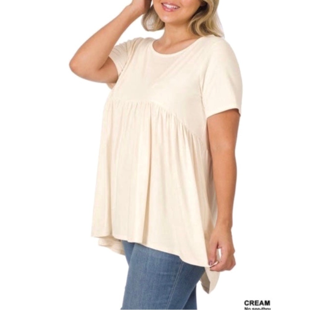 ZENANA 
Short Sleeve Shirring Hi Low Empire Waist Top